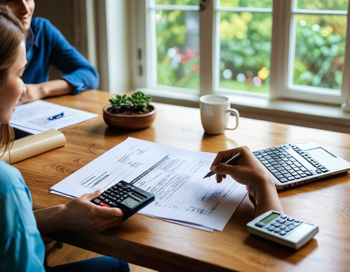 A cozy, welcoming home interior with an opened mortgage estimation document on a wooden table, beside a laptop displaying budgeting software. A friendly hand with a calculator is visible, and a couple is discussing their plans excitedly in the background. Soft natural light pours in through a nearby window, highlighting the tranquility of homeownership. vibrant colors. super-realistic.