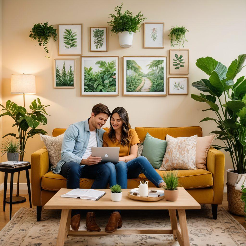 A cozy yet modern living room with a couple discussing finances, surrounded by blueprints and a laptop displaying loan options. The scene features a warm atmosphere, with plants and family photos on the walls, symbolizing dreams and aspirations. Soft lighting highlights the couple's hopeful expressions as they plan their dream home. super-realistic. warm colors. inviting ambiance.