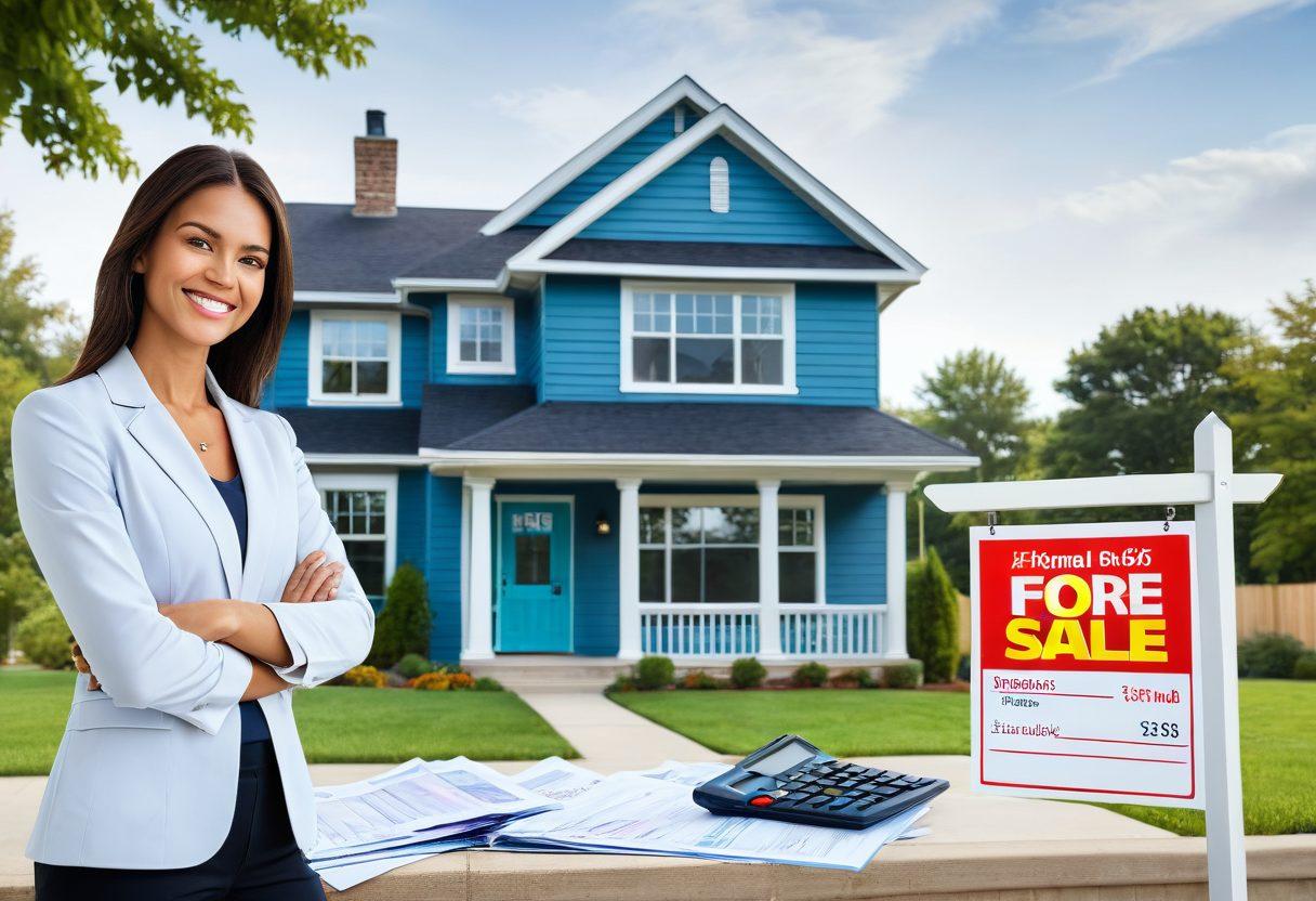 A modern home with a 'For Sale' sign in front, overlaid with a calculator displaying reduced mortgage figures. In the background, a friendly real estate agent is providing advice to a couple, surrounded by infographics depicting saving tips and interest rate trends. Emphasize a sense of optimism and financial empowerment. super-realistic. vibrant colors. white background.